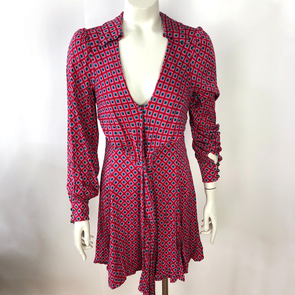 Free People XS Faux Wrap Tie Open Back Above Knee Dress Pink Red MINT